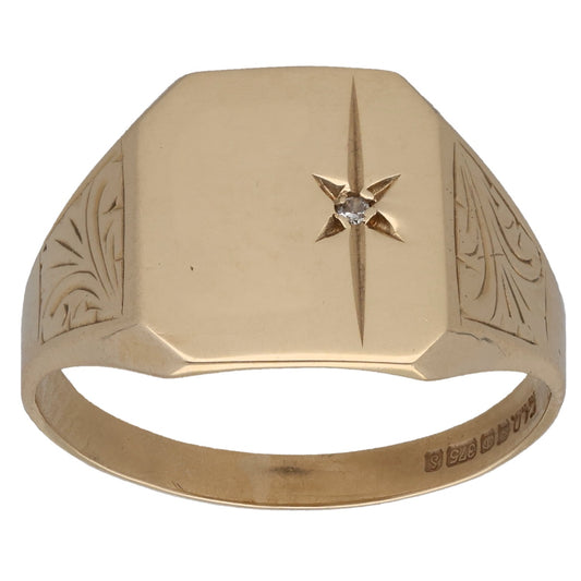 9ct Gold 0.005ct Diamond Patterned Single Stone Signet Ring Size Q