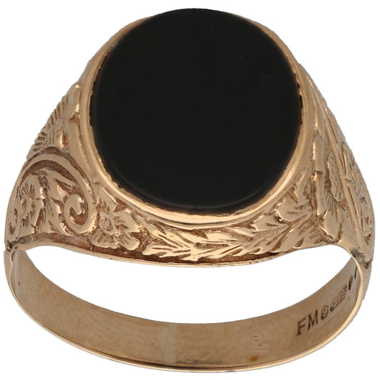 9ct Gold Onyx Patterned Signet Ring Size T