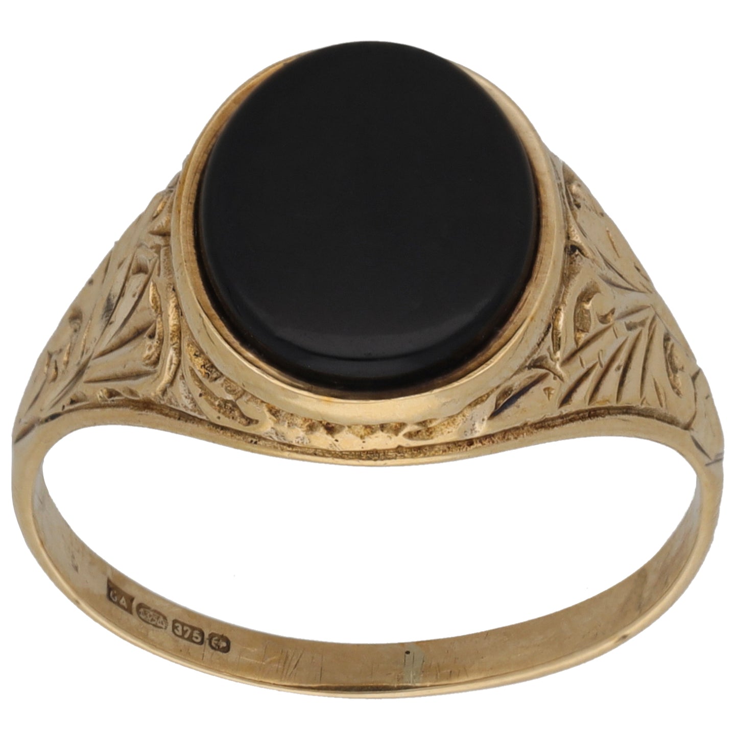 9ct Gold Onyx Crest/Emblem Single Stone Signet Ring Size R