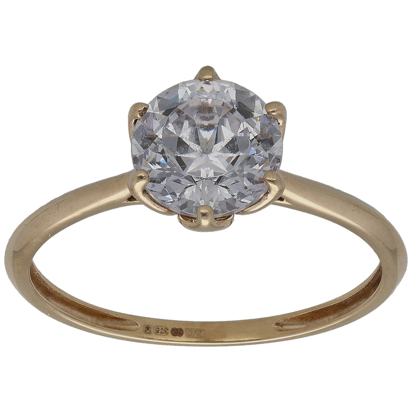 9ct gold CZ single-stone ring with round clear center stone and four prongs