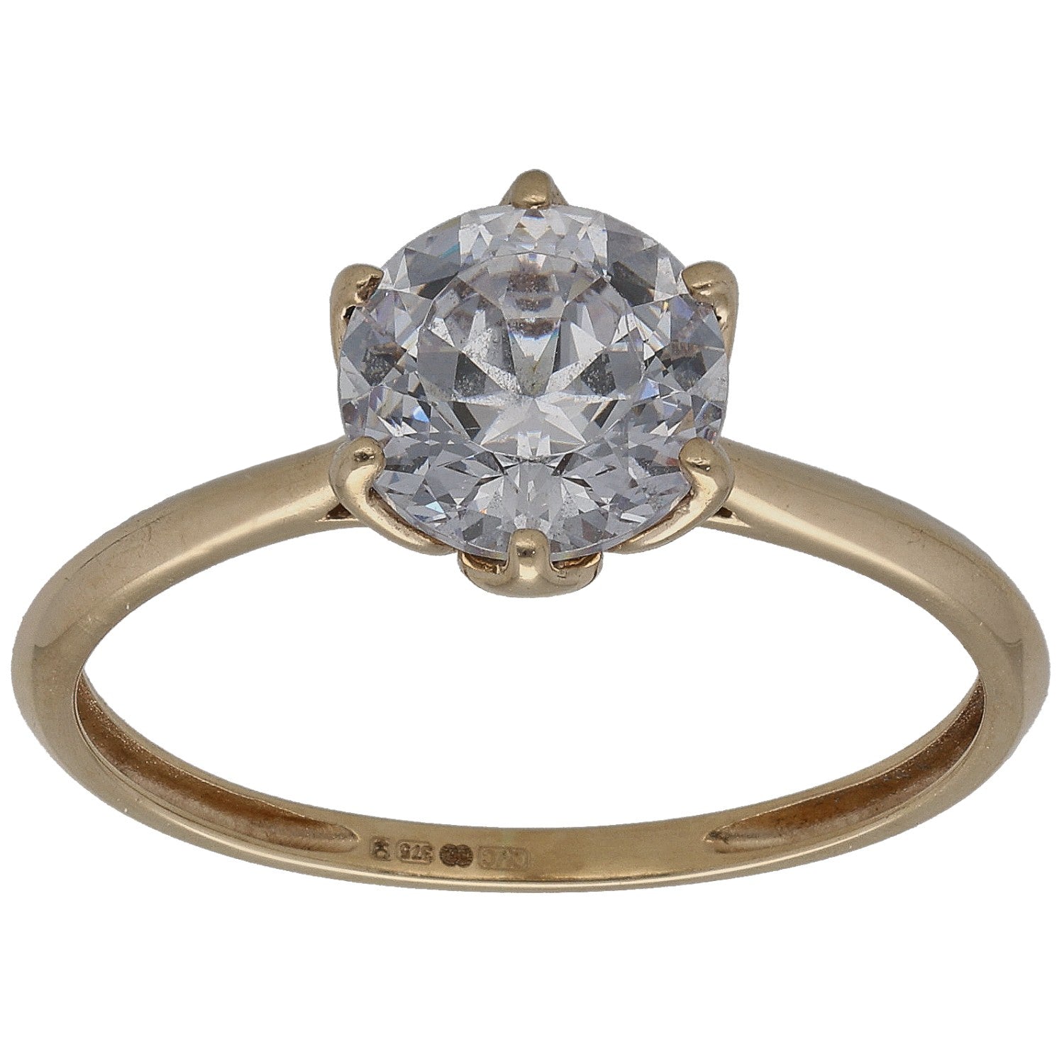 9ct gold CZ single-stone ring with round clear center stone and four prongs