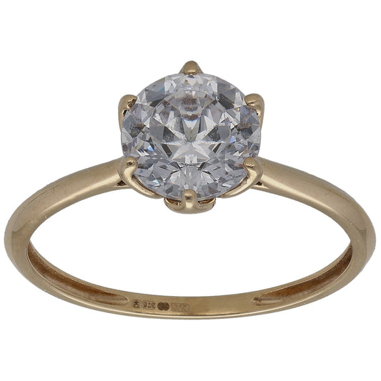 9ct gold CZ single-stone ring with round clear center stone and four prongs