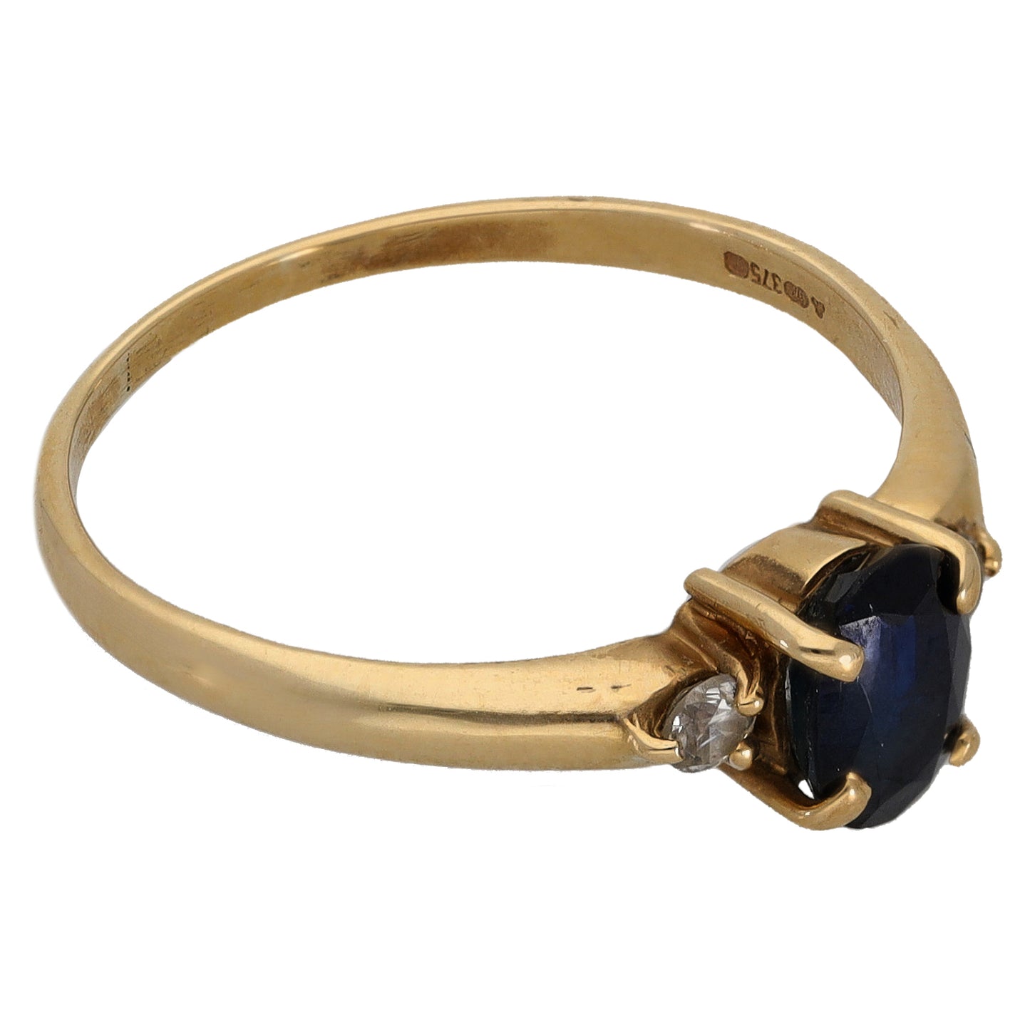 9ct Gold Sapphire & 0.10ct Diamond Three Stone Ring Size T