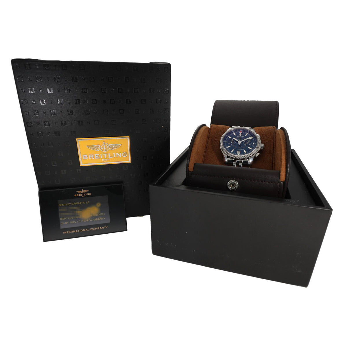 Breitling Bentley Mark VI P26362 watch in black presentation box, blue dial on brown cushion
