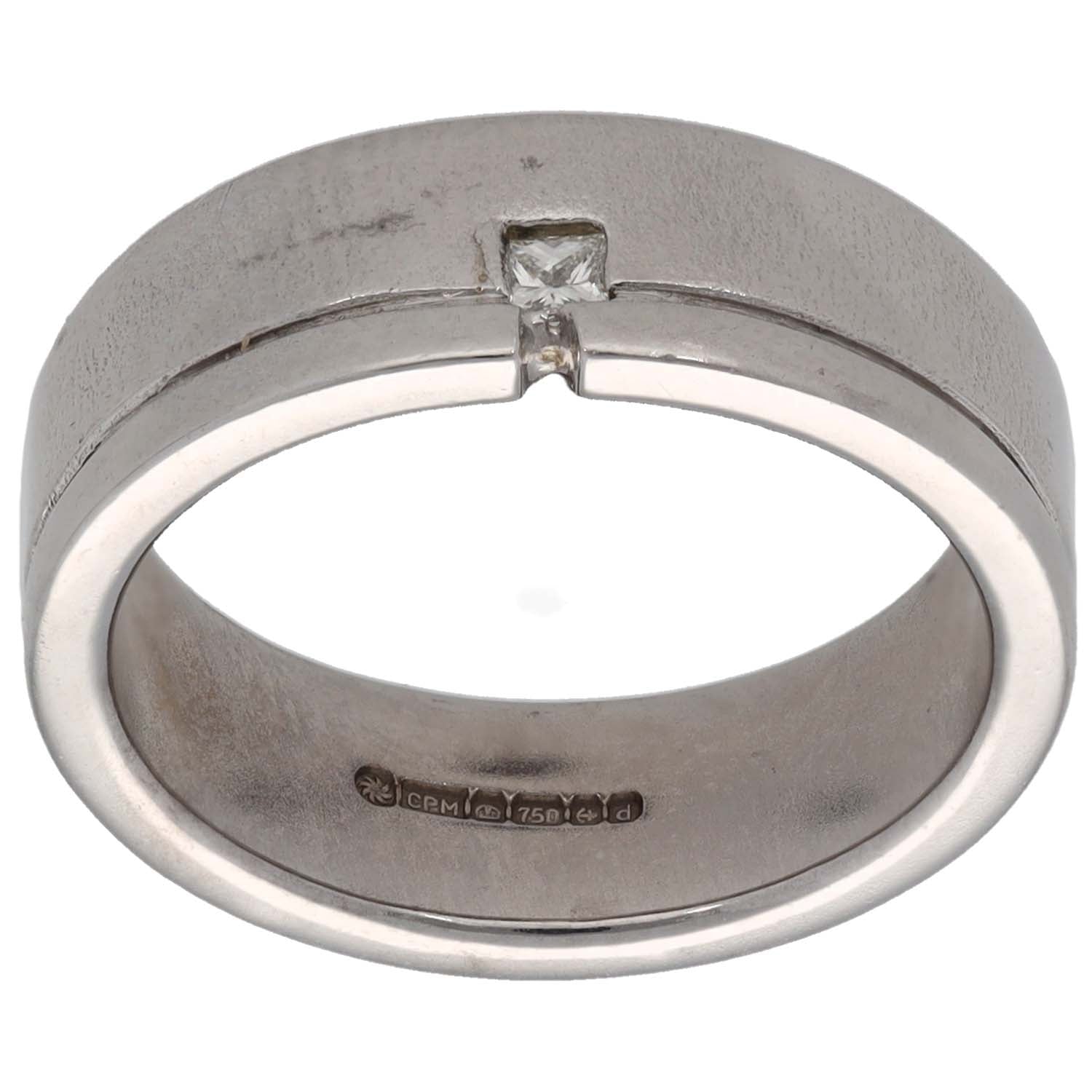 White gold square diamond plain wedding ring with square-set center stone