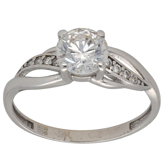 9ct White Gold Cubic Zirconia Single Stone Ring with Accent Stones Size O