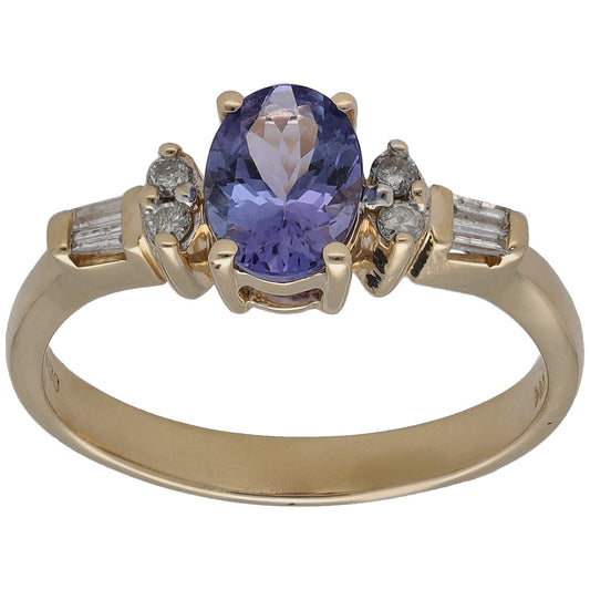 14k gold ring with oval purple tanzanite center and side diamond accents in prongs