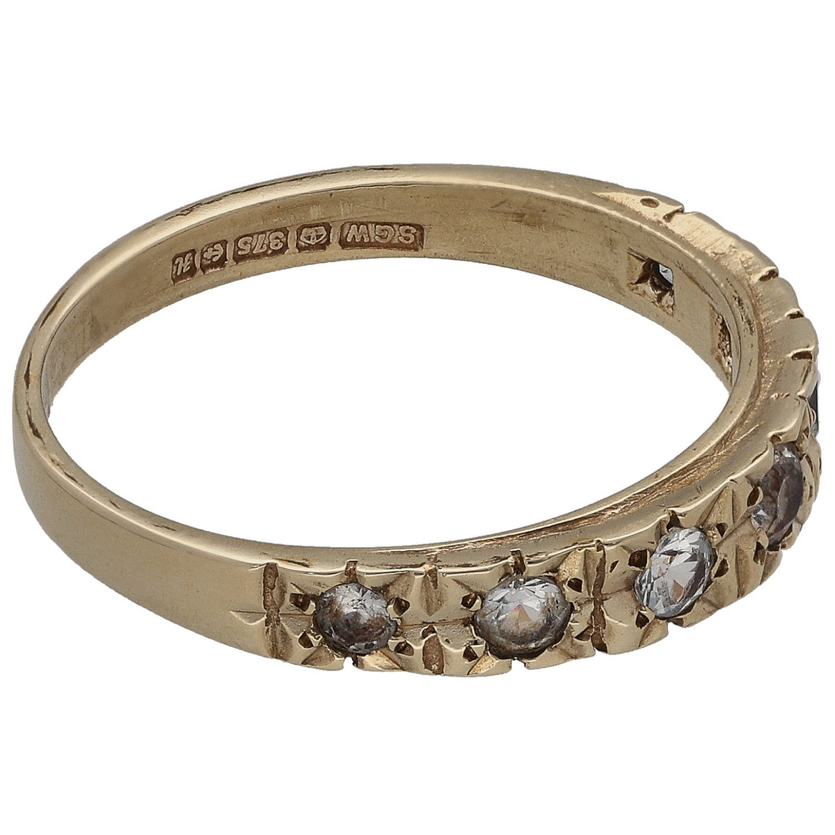 Gold half-eternity ring with round CZ stones in raised prong settings, size M
