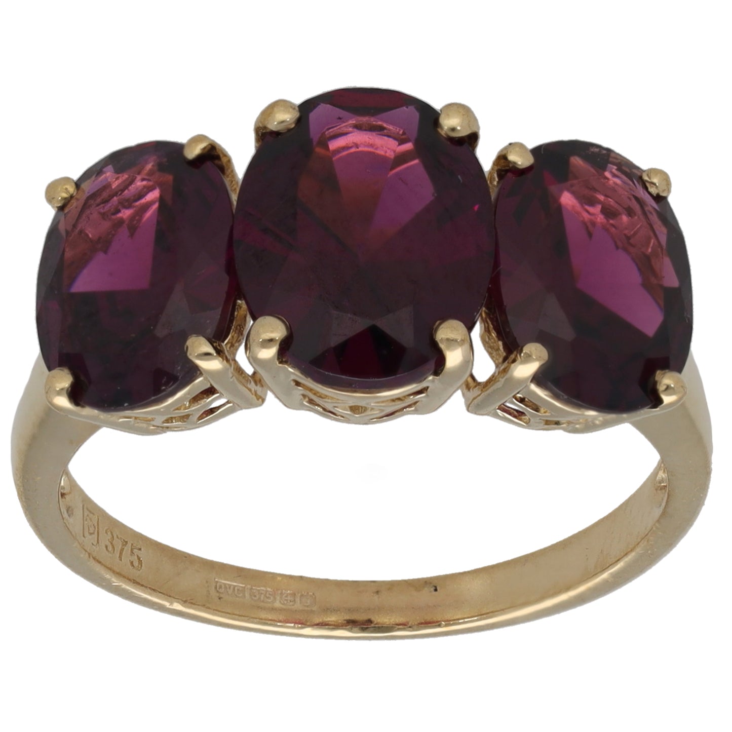 9ct Gold Garnet Three Stone Ring Size M