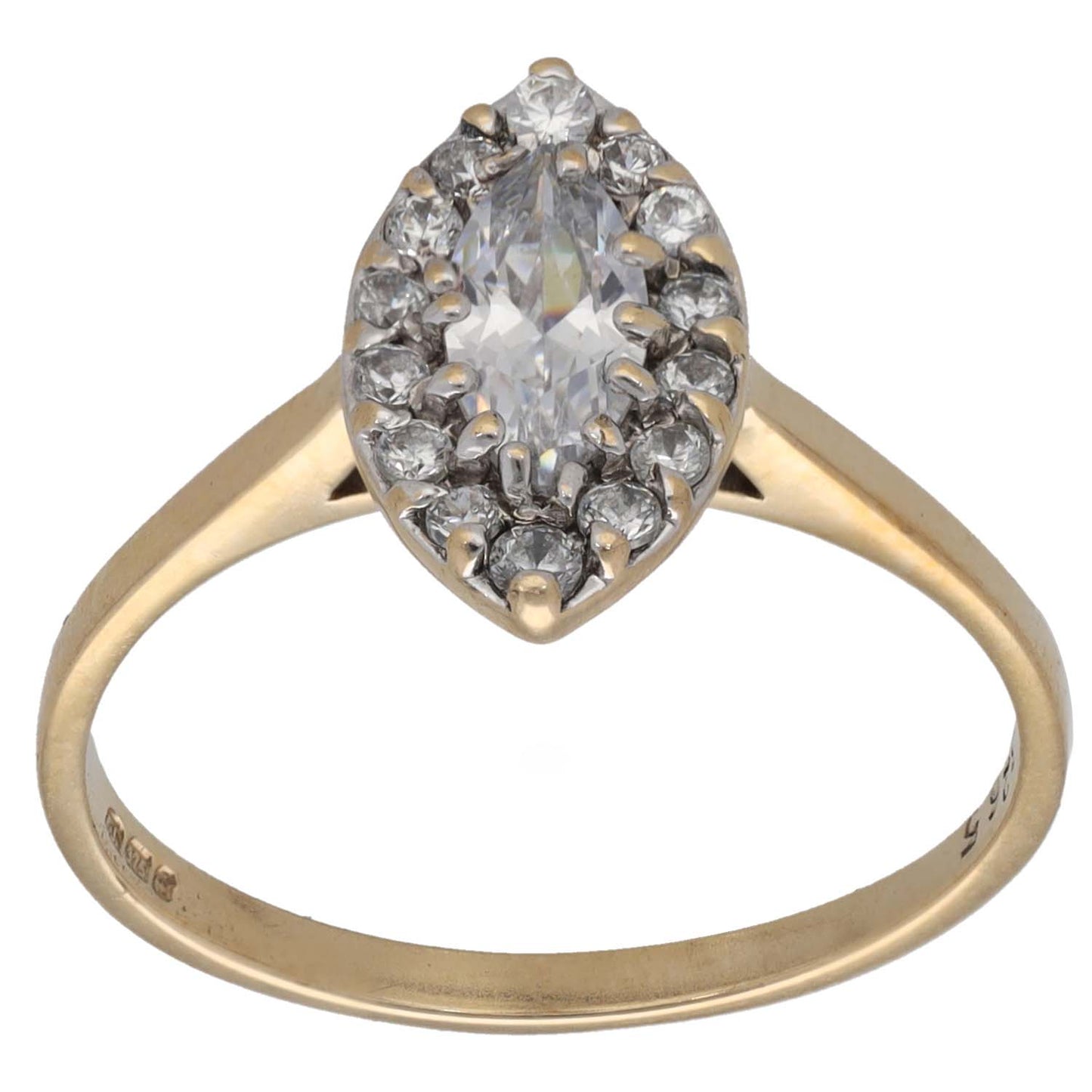 9ct gold CZ cluster ring with oval center stone and halo of clear stones