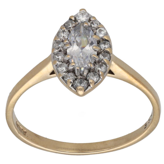 9ct gold CZ cluster ring with oval center stone and halo of clear stones