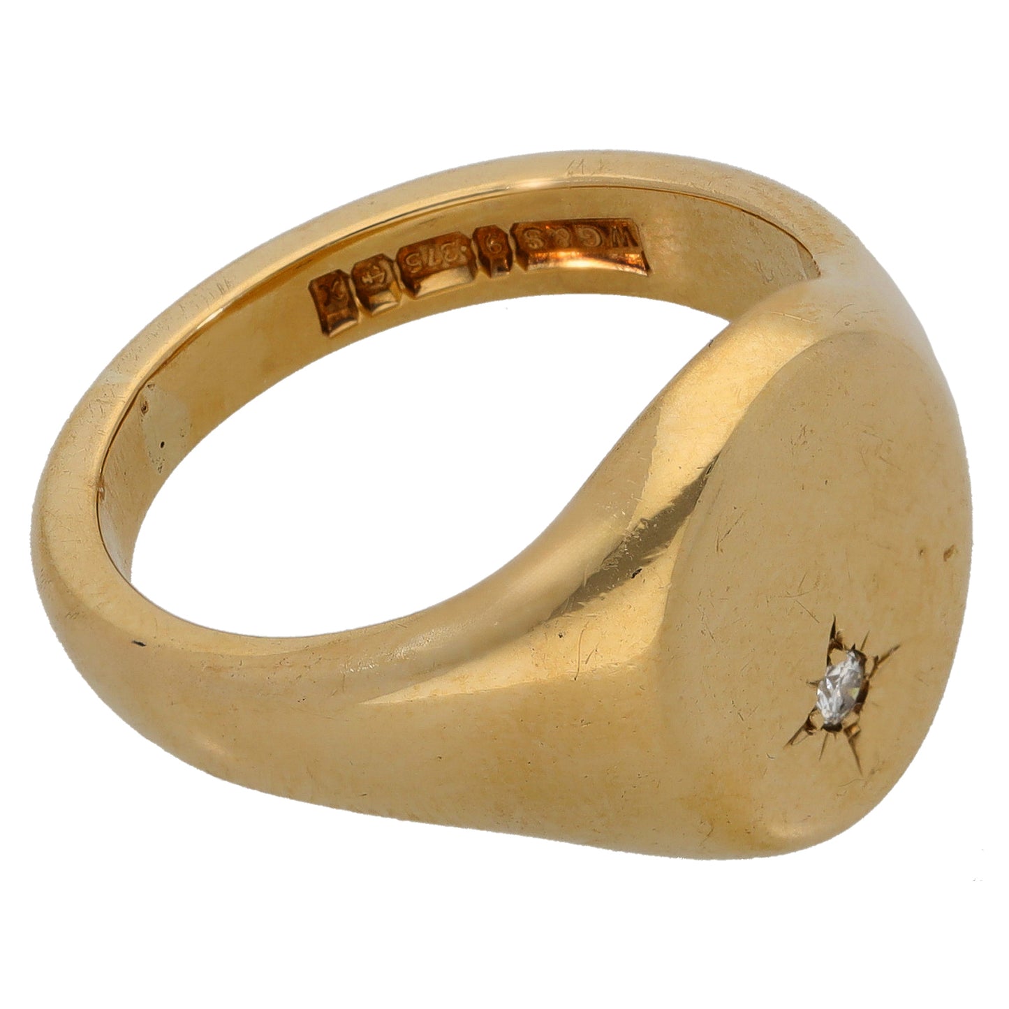 9ct gold signet ring with engraved band and round diamond set at side