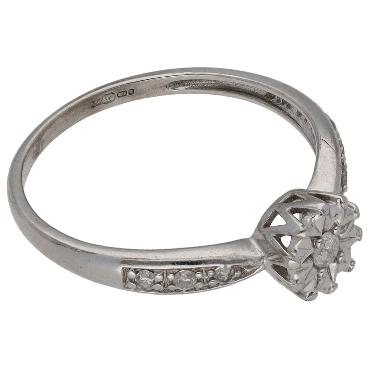 9ct White Gold 0.10ct Diamond Solitaire Ring With Accent Stones Size L