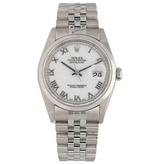 Rolex Datejust 16200 stainless steel watch with white dial, Roman numerals, and date window