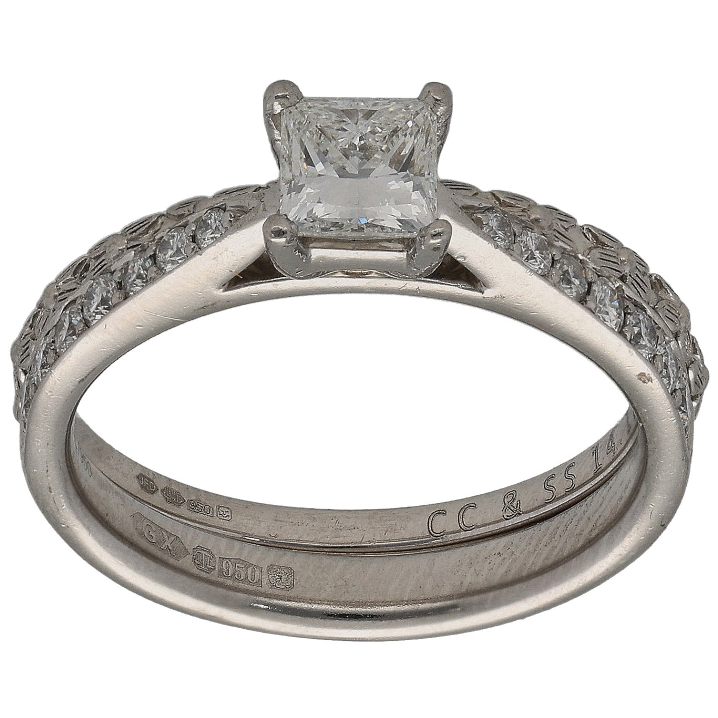 Platinum diamond ring set with square center stone and pavé band