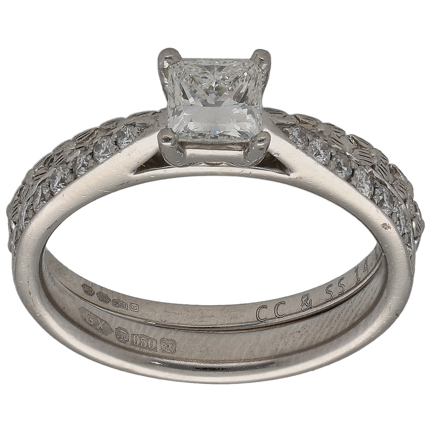 Platinum diamond ring set with square center stone and pavé band