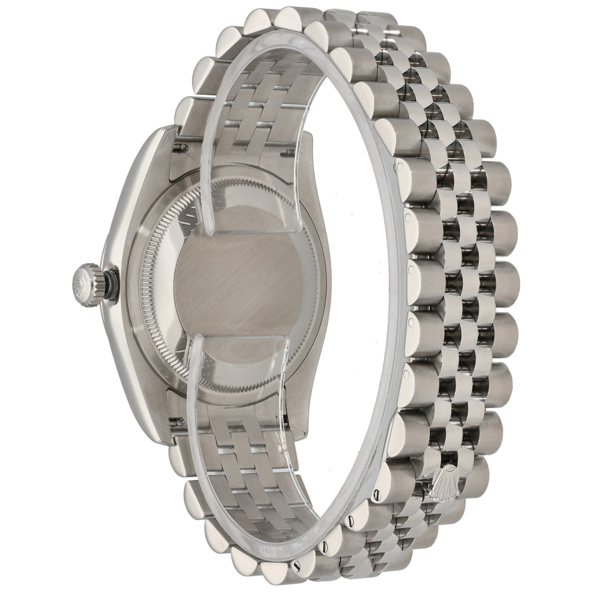 Rolex Datejust 116234 stainless steel watch, angled view showing case back and metal bracelet