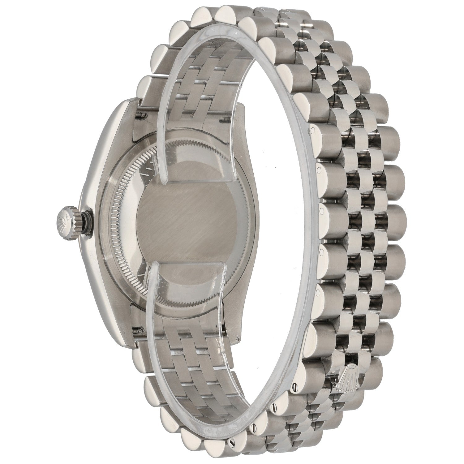 Rolex Datejust 116234 stainless steel watch, angled view showing case back and metal bracelet