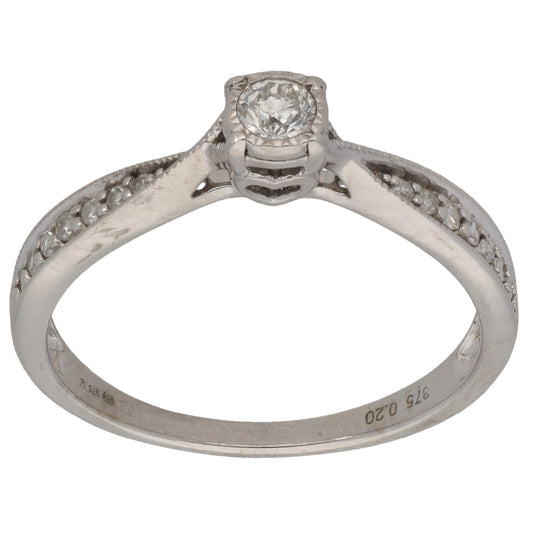 9ct White Gold 0.20ct Diamond Solitaire Ring With Accent Stones Size N