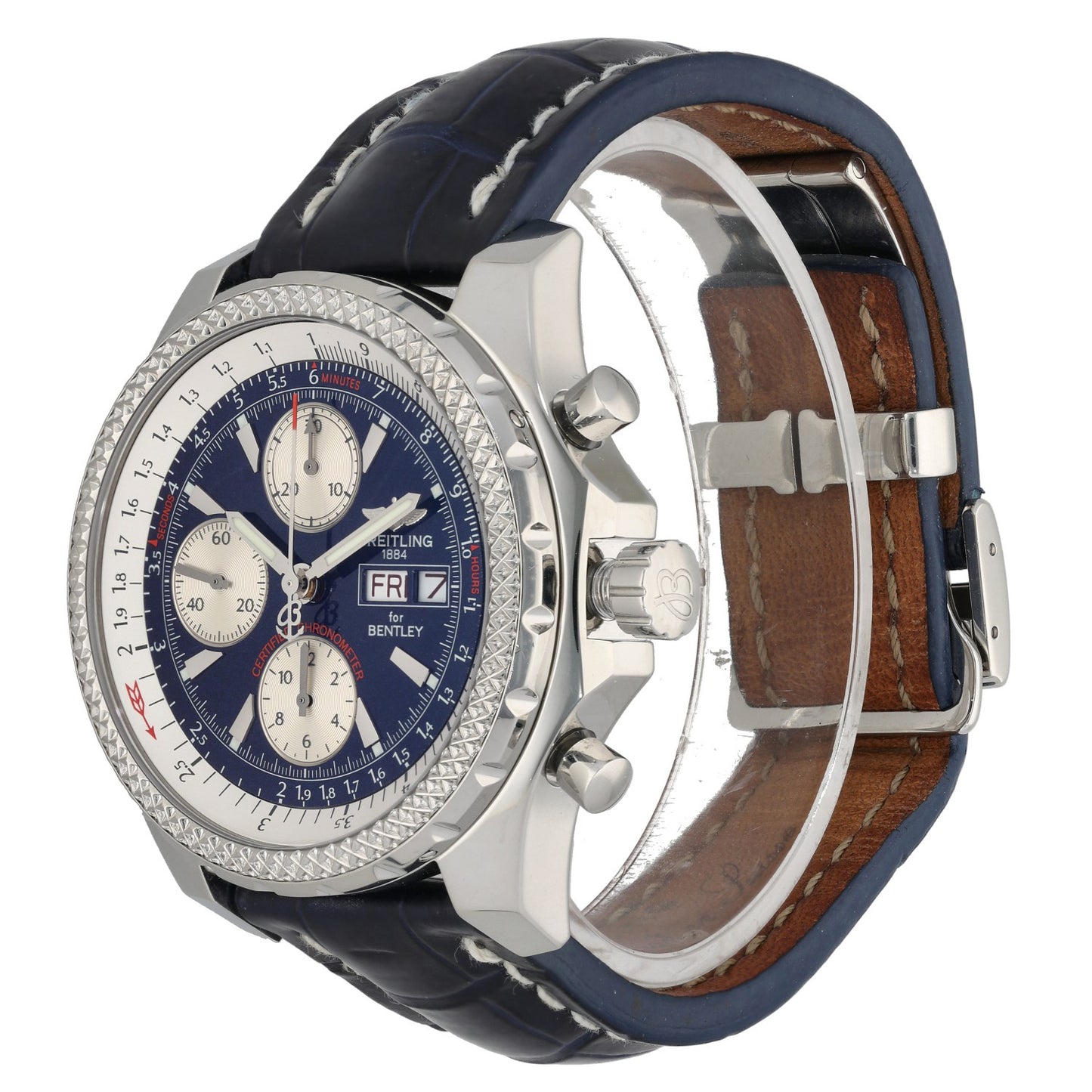 Breitling Bentley A13362 Stainless steel chronograph watch side view, blue dial, navy leather strap