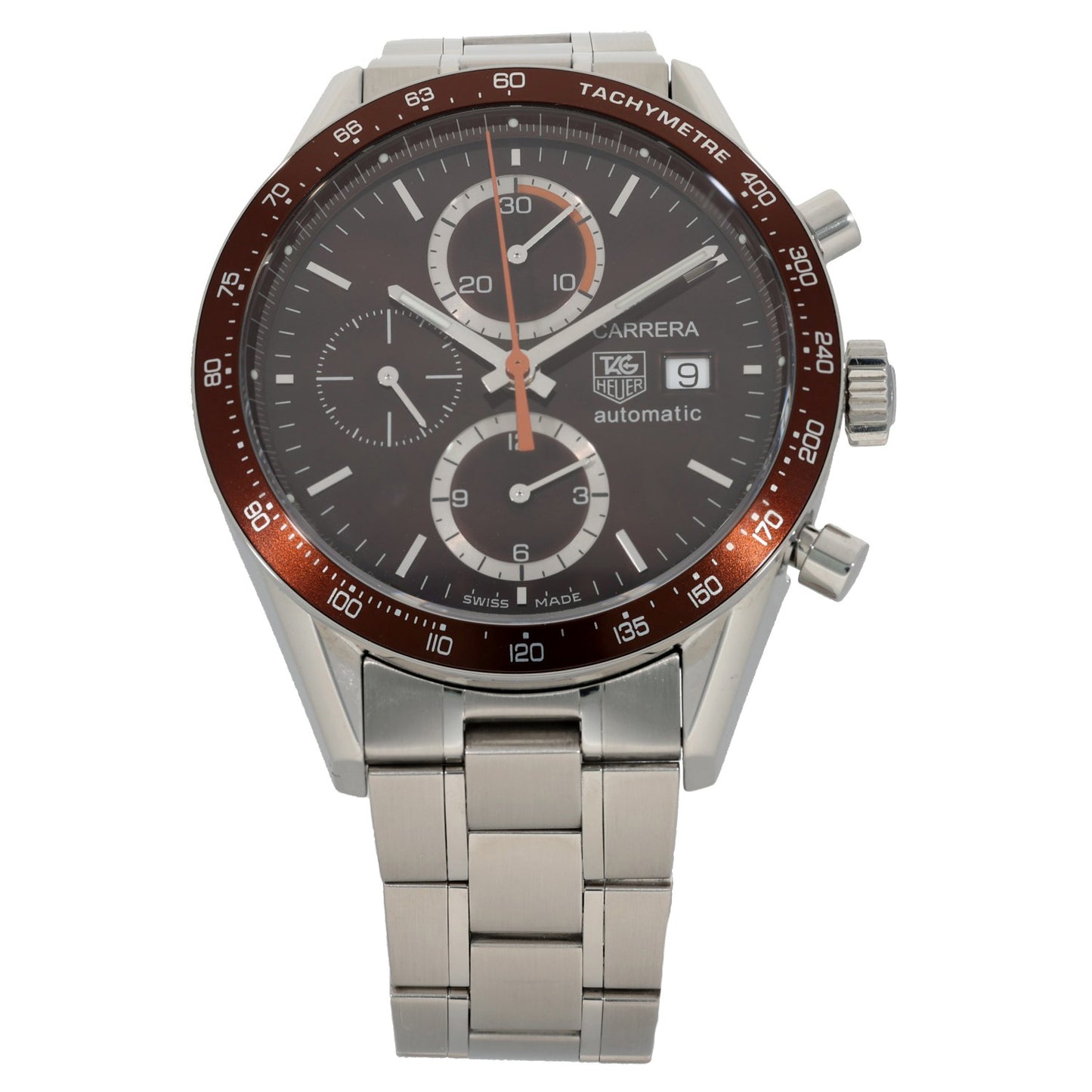Tag Heuer Carrera CV2013, with a brown  dial and bezel showing a tachymeter, front