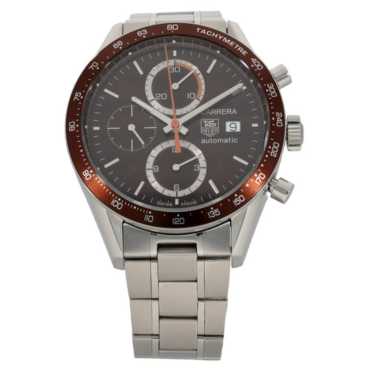 Tag Heuer Carrera CV2013, with a brown  dial and bezel showing a tachymeter, front