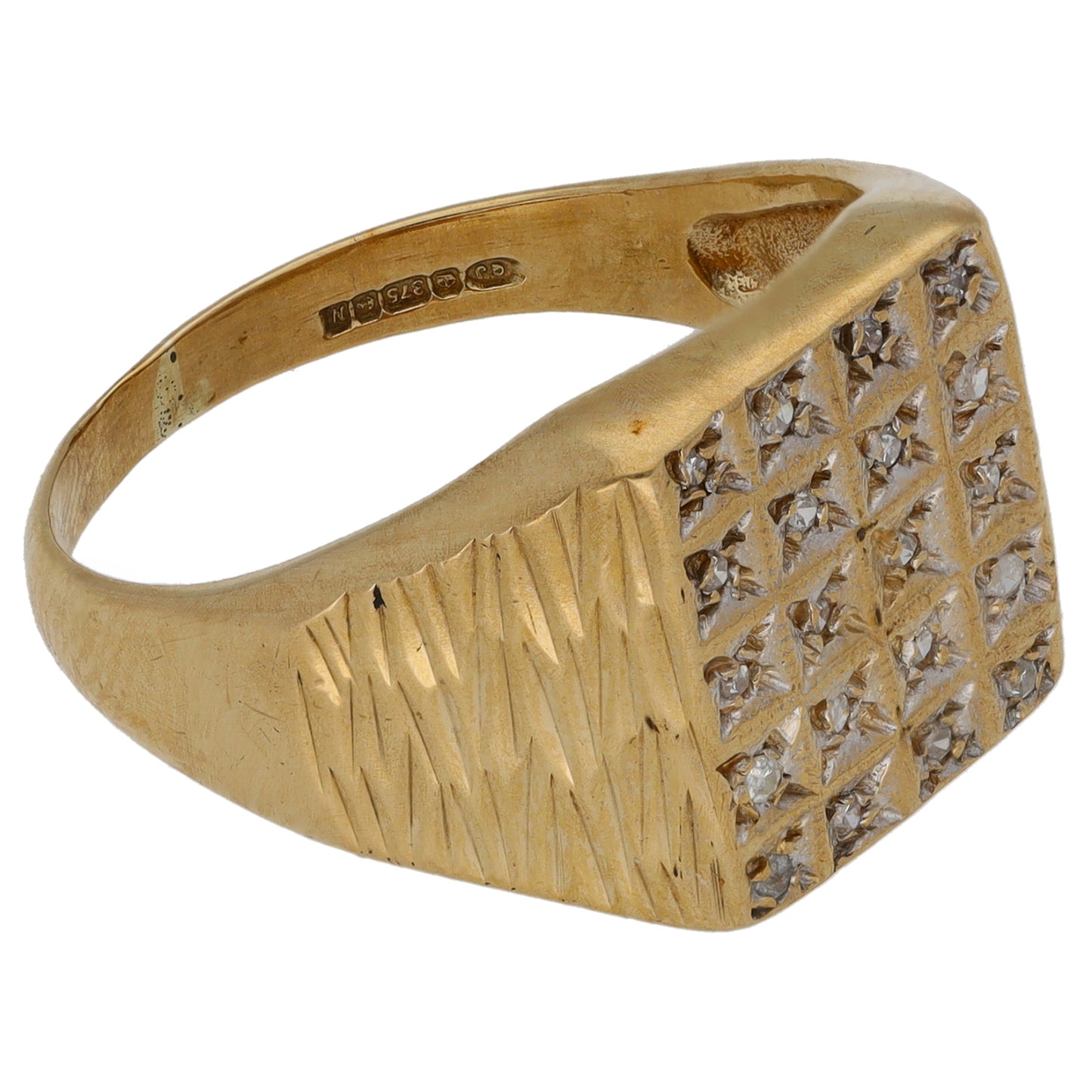 9ct Gold 0.10ct Diamond Patterned Signet Ring Size Q