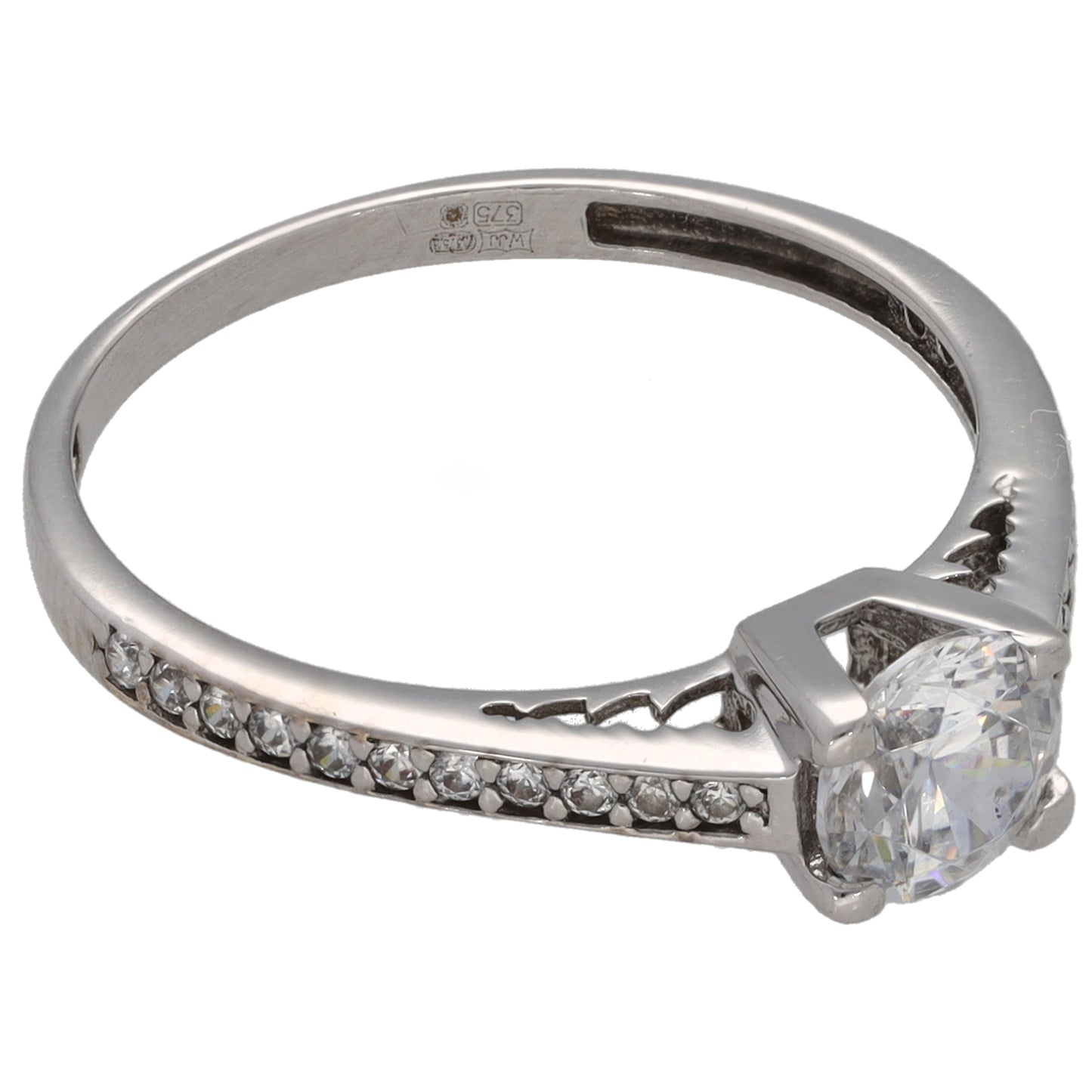 9ct White Gold Cubic Zirconia Single Stone Ring With Accents Size M
