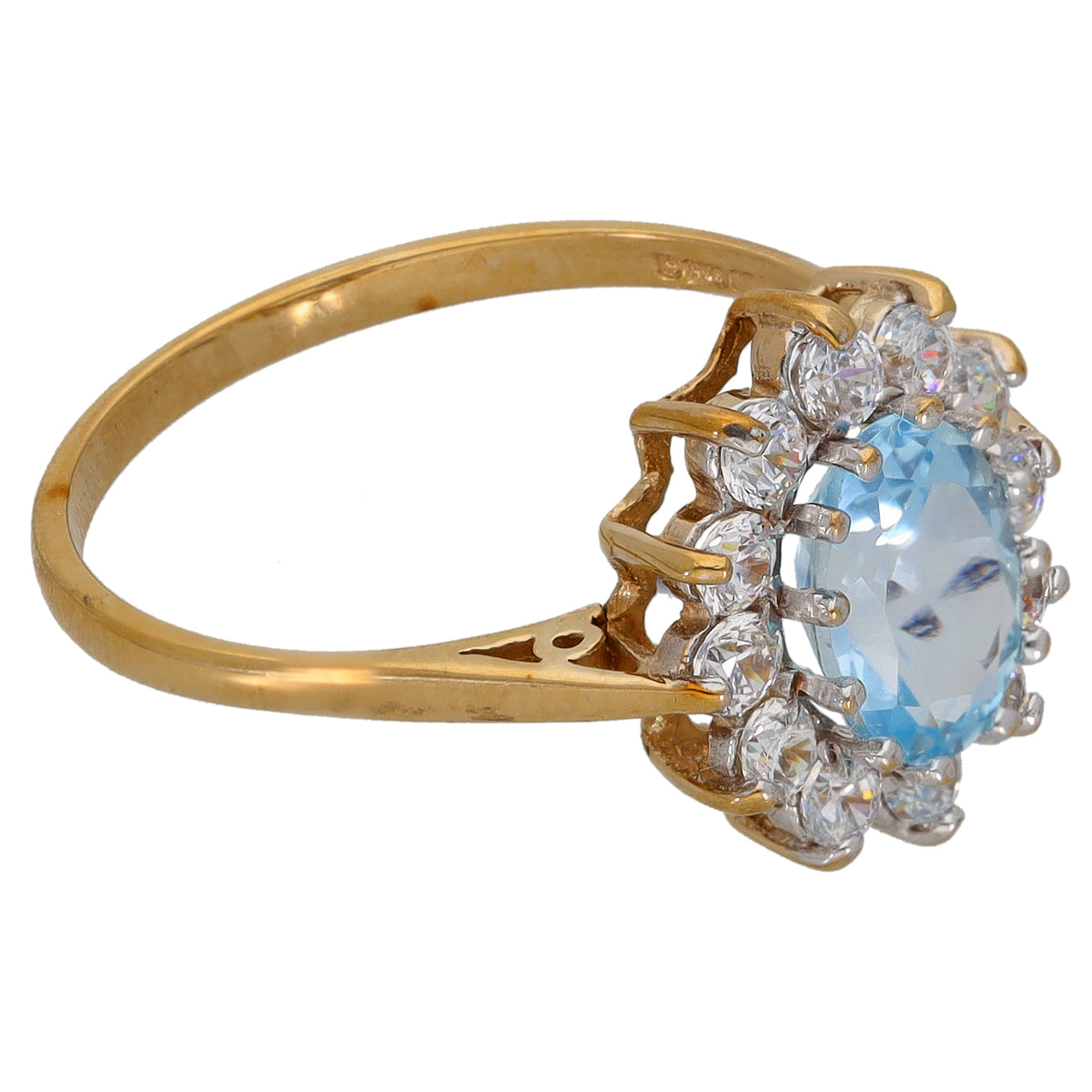 Gold ring with oval light-blue gemstone and clear CZ halo, ornate claws