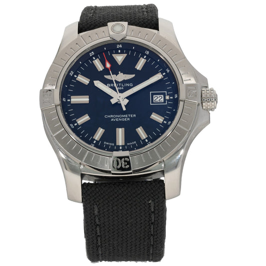 Breitling Avenger A17318 stainless watch with blue dial, black fabric strap, date window at 22