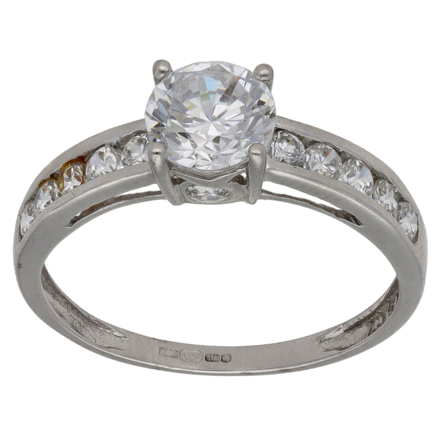 9ct White Gold Cubic Zirconia Single Stone Ring with Accent Stones Size M