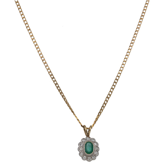 9ct Gold Emerald & 0.12ct Diamond Cluster Pendant
