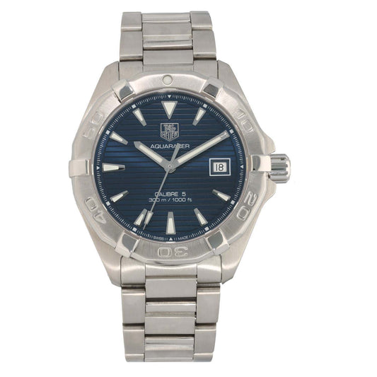 Tag Heuer Aquaracer WAY2112 stainless steel watch with navy dial and date window at 3