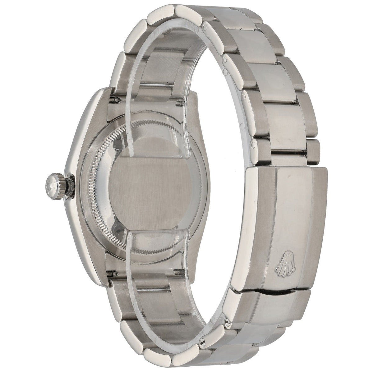 Rolex Datejust 116200 Stainless steel wristwatch case side view with crown and polished bracelet links
