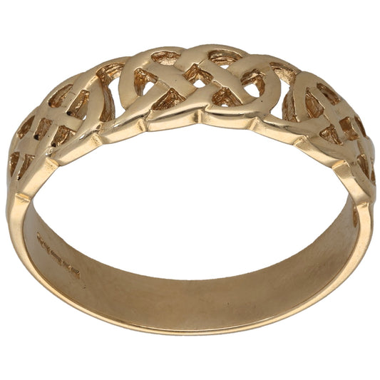 Gold tone ring, size Y, Celtic-style cutout band with raised knot detail