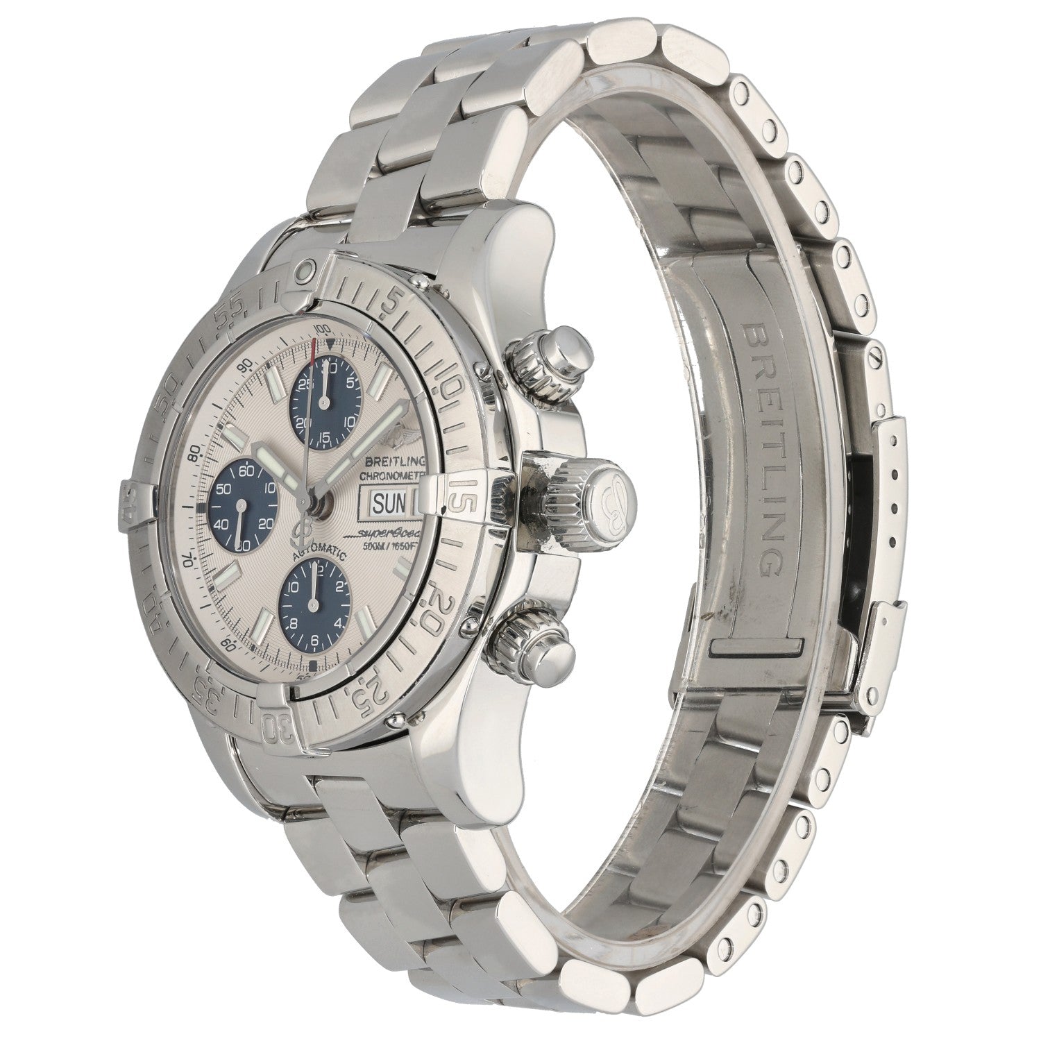 Breitling Superocean II A13340, cream dial with blue sub dials in a stainless steel case, front angle image