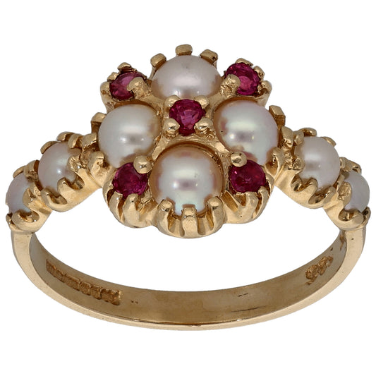 14ct Gold Cultured Pearl & Ruby Dress/Cocktail Ring Size N