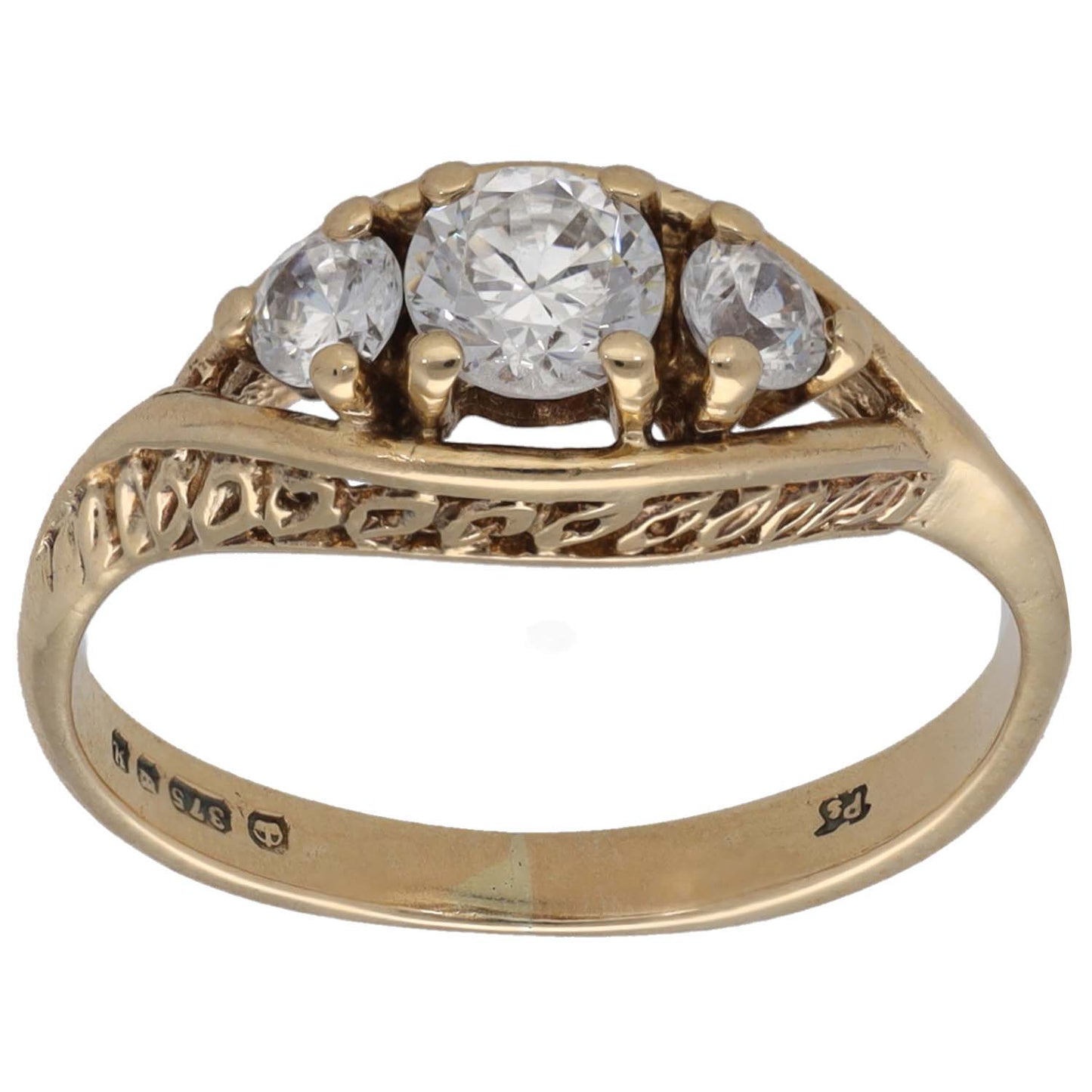 Gold CZ three-stone ring, size K, oval center stone with two side CZs