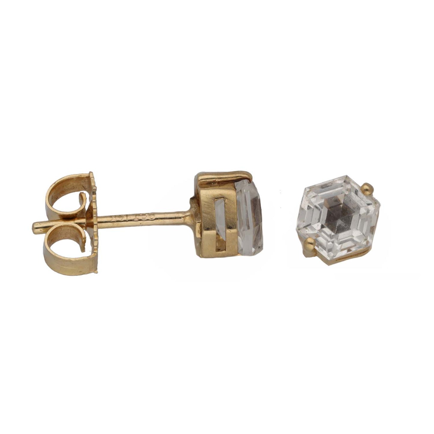 Gold-tone single-stone earring with faceted clear rectangular bezel, post back