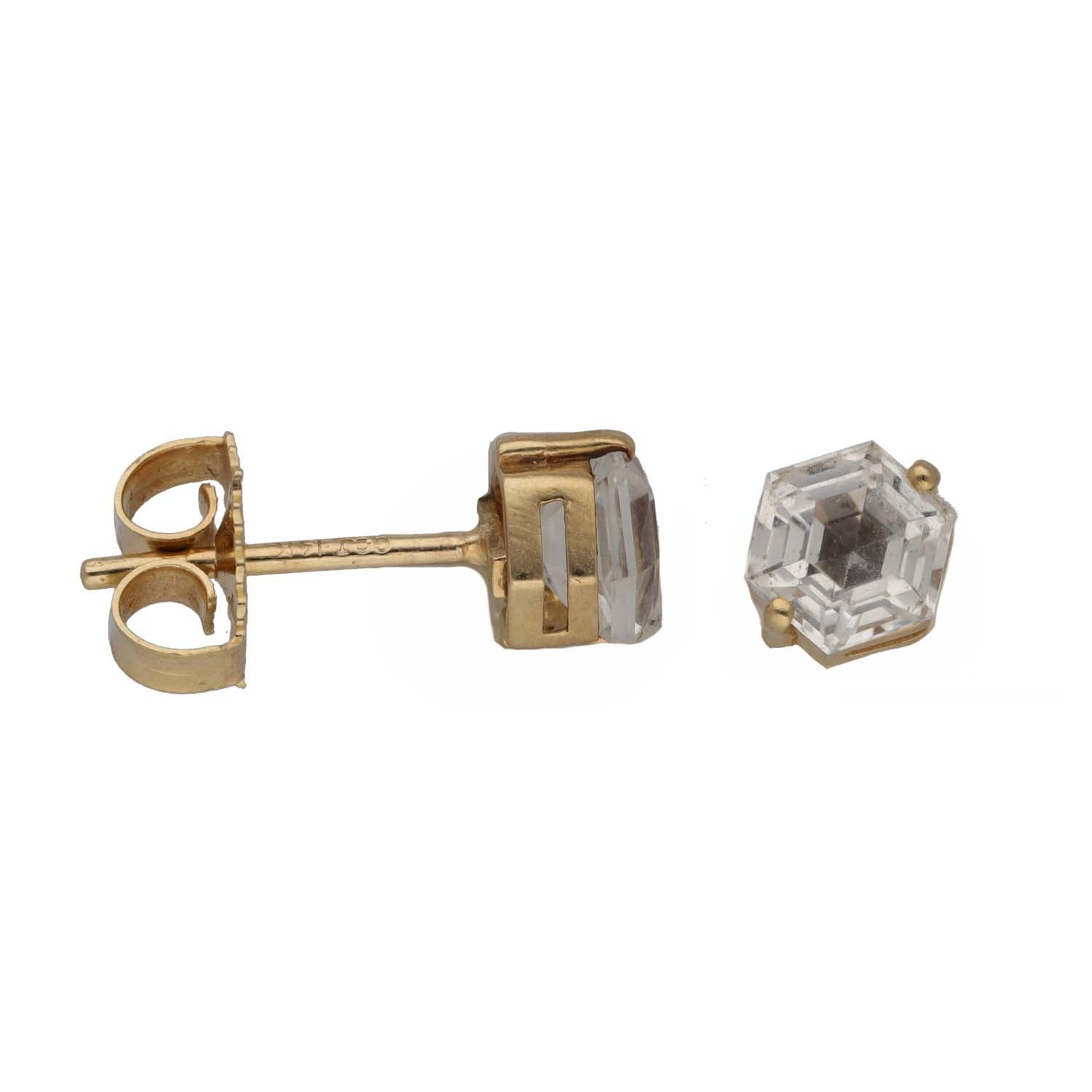 Gold-tone single-stone earring with faceted clear rectangular bezel, post back