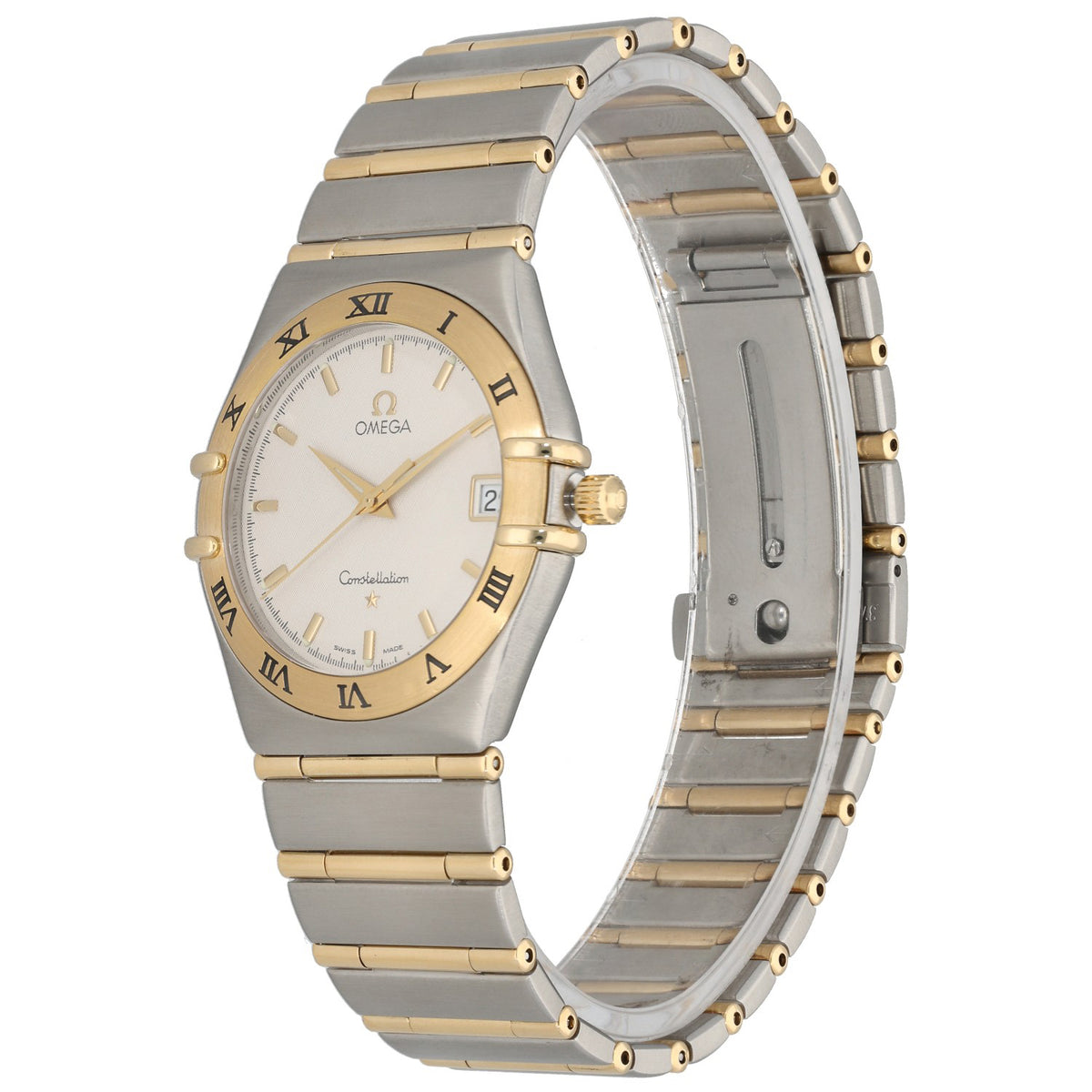 Omega Constellation 1212.30.00, cream dial with a gold and stainless steel bezel and bracelet, front angle image