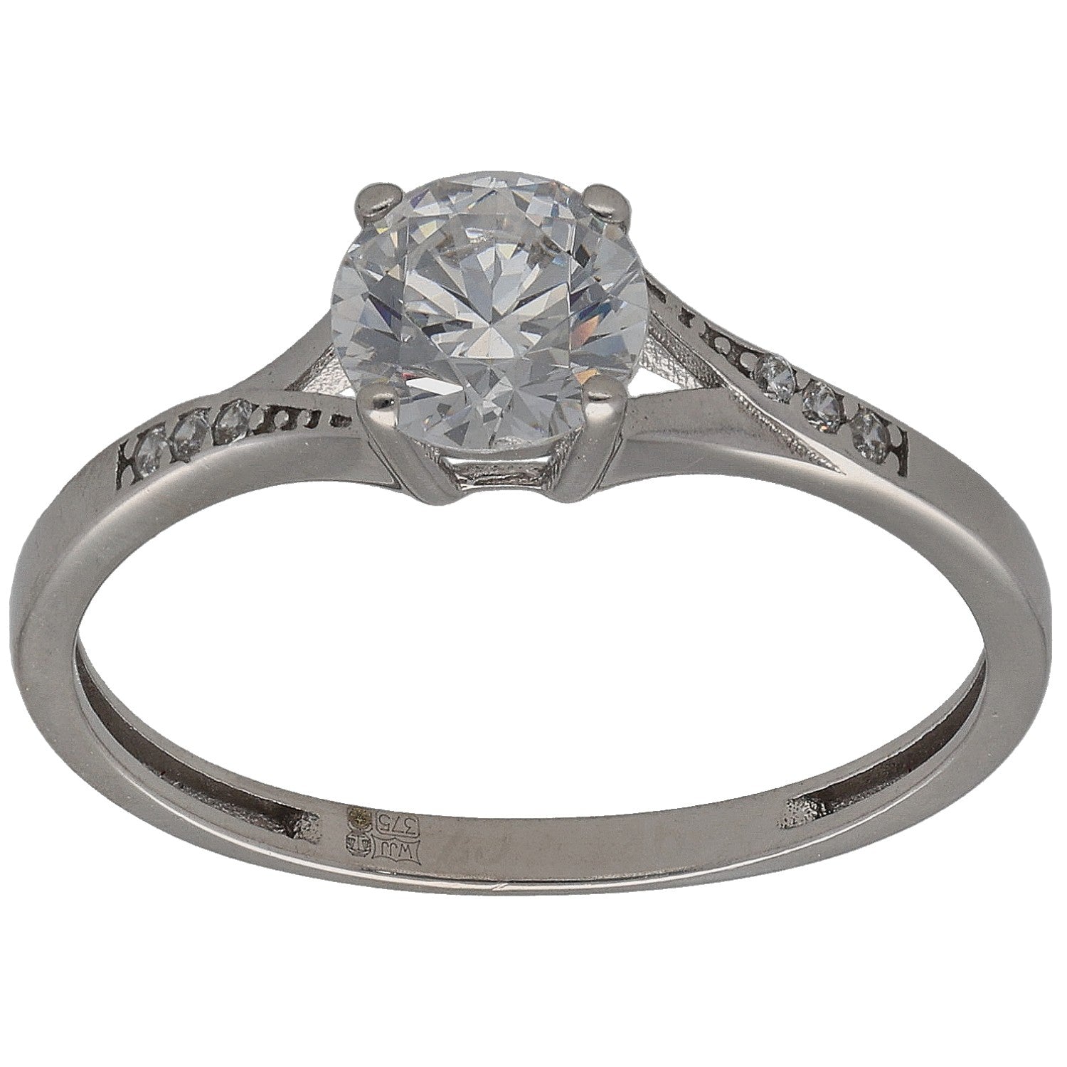 9ct white gold CZ single-stone ring with pave accents, round center stone