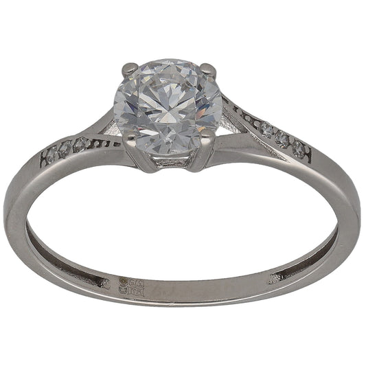 9ct white gold CZ single-stone ring with pave accents, round center stone