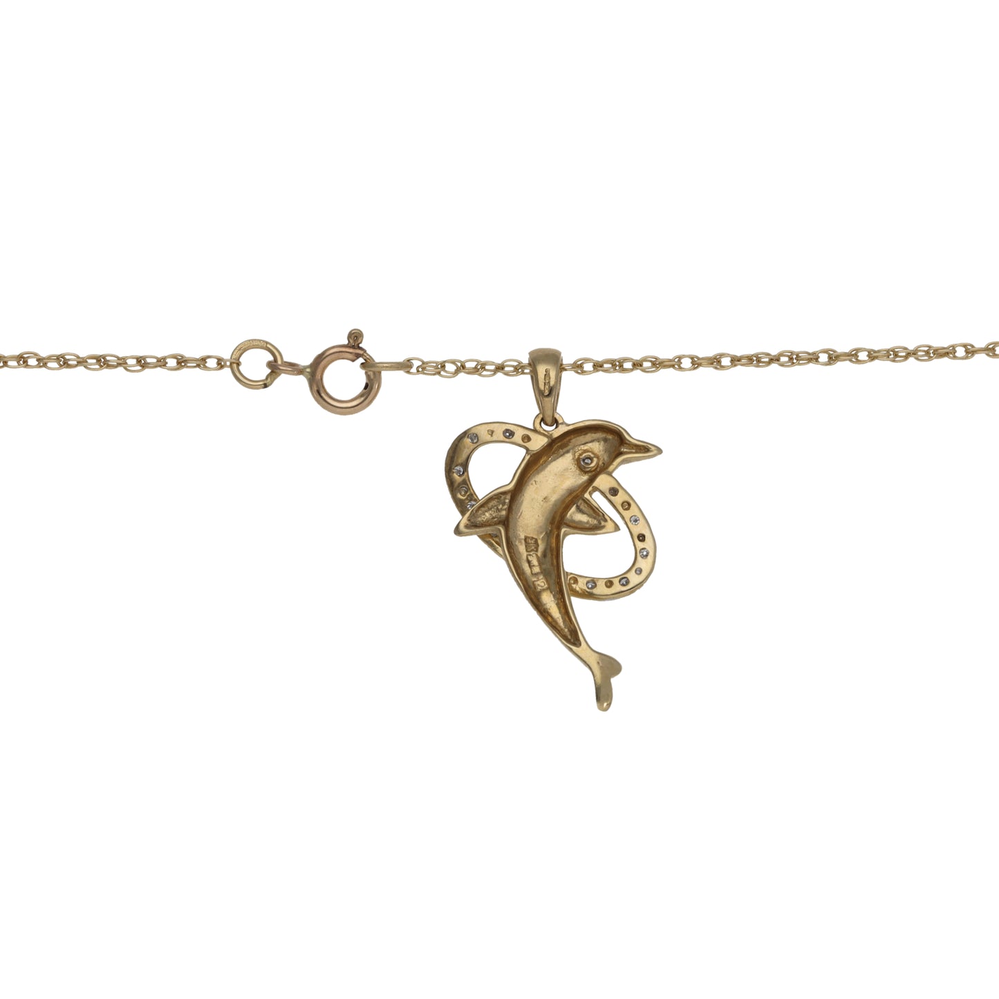 9ct Gold 0.065ct Diamond Dolphin Pendant With Chain