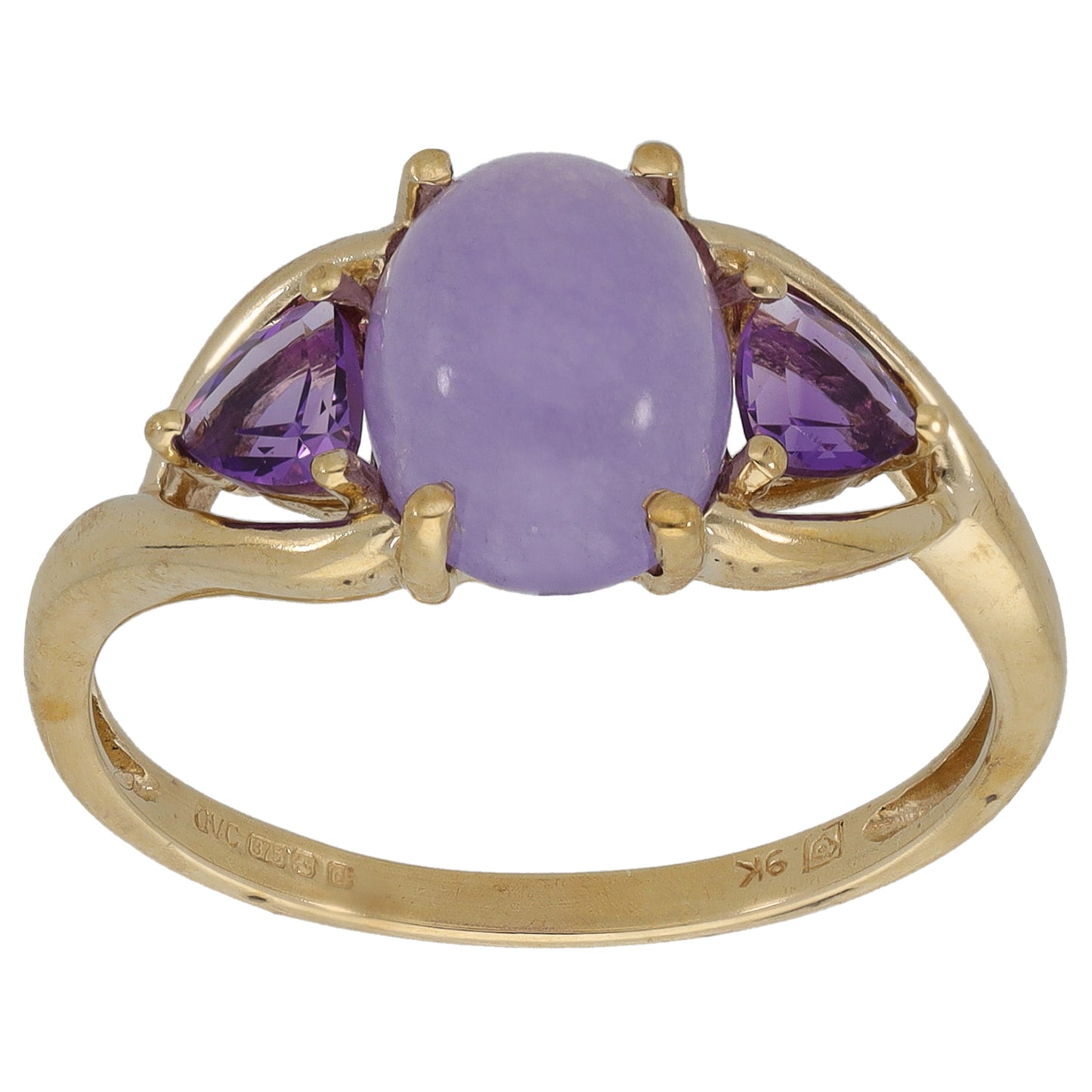 9ct Gold Jade & Amethyst Trilogy Ring Size O