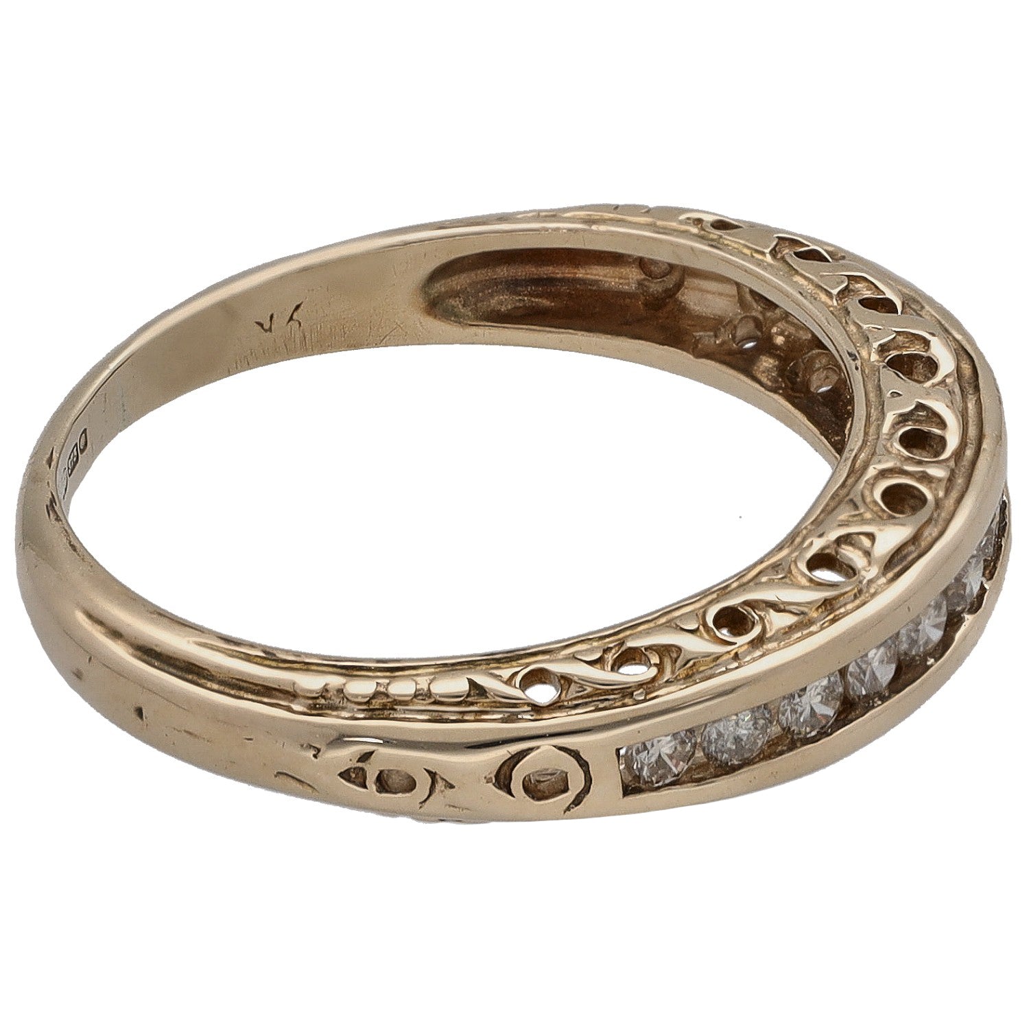 9ct gold half-eternity ring with round diamonds along the band and openwork detailing