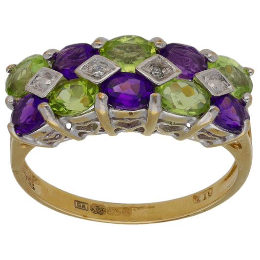 9ct Gold Amethyst, Peridot & 0.01ct Diamond Dress/Cocktail Ring Size K