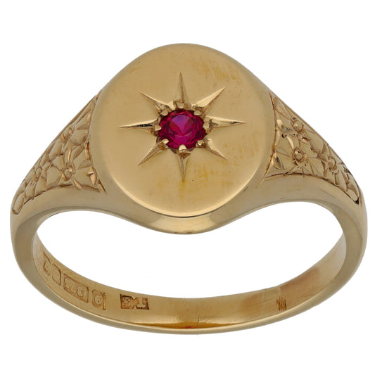 9ct Gold Man Made Ruby Single Stone Patterned Signet Ring Size W