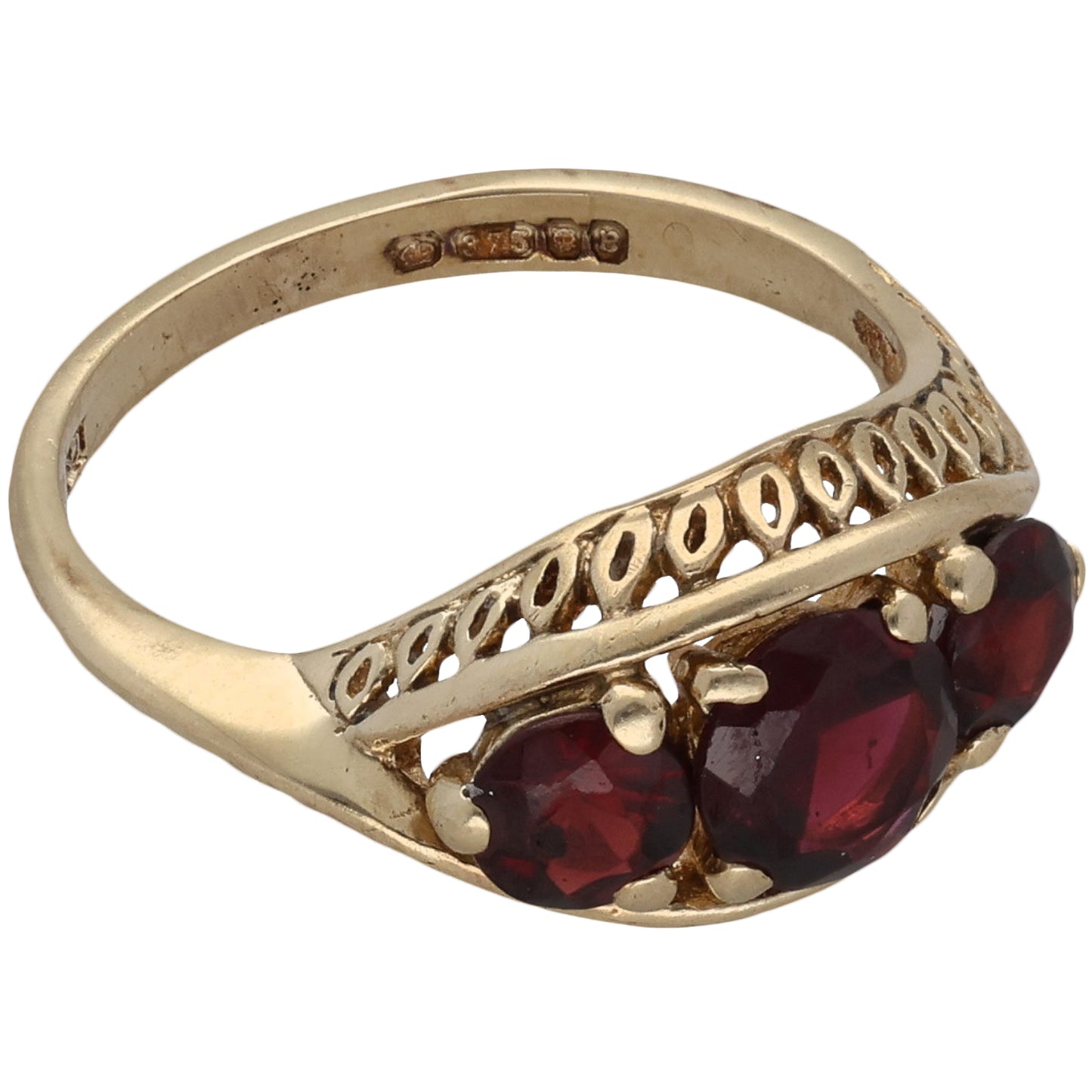 9ct Gold Garnet Trilogy Ring Size N