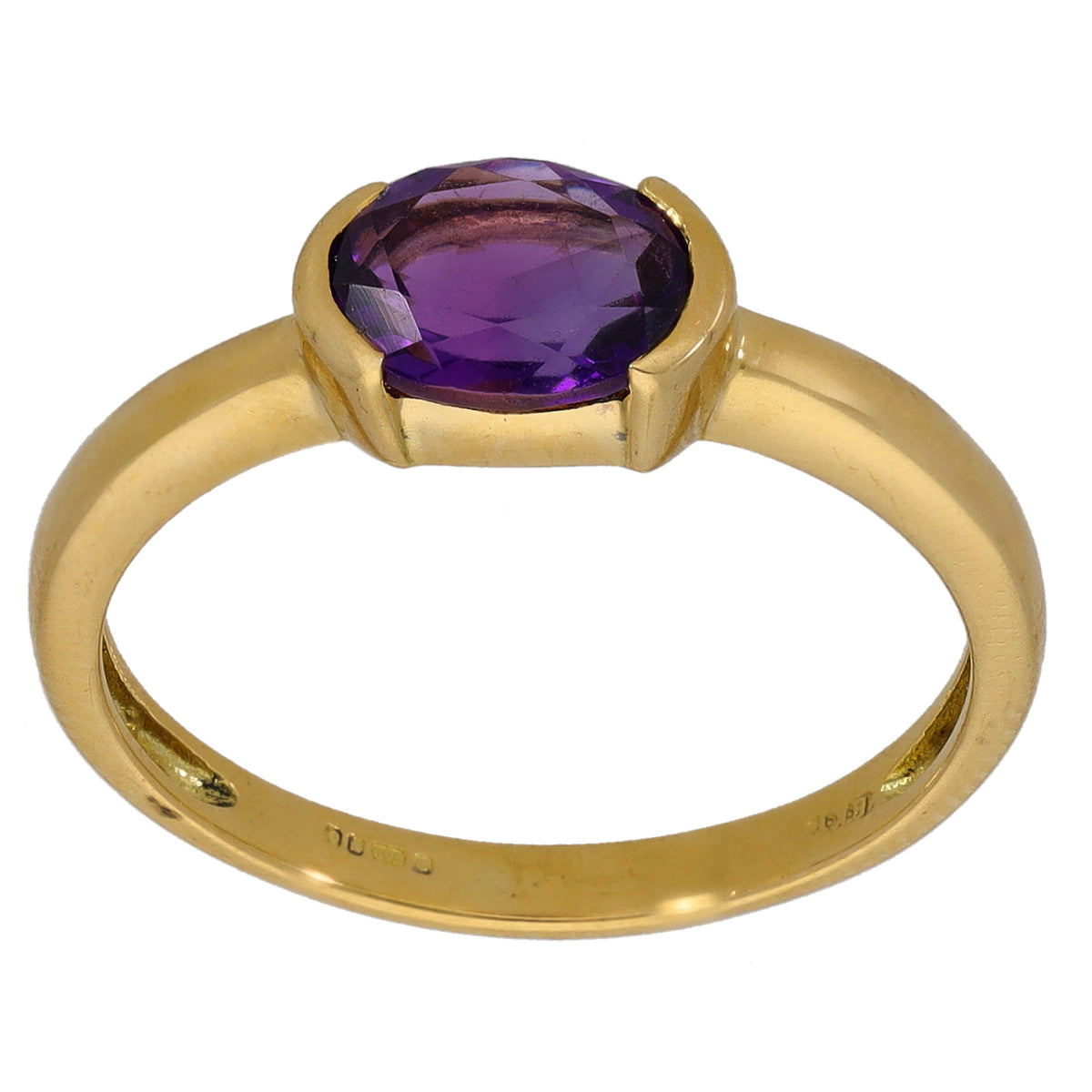 Gold ring with large oval faceted purple amethyst stone and raised bezel setting